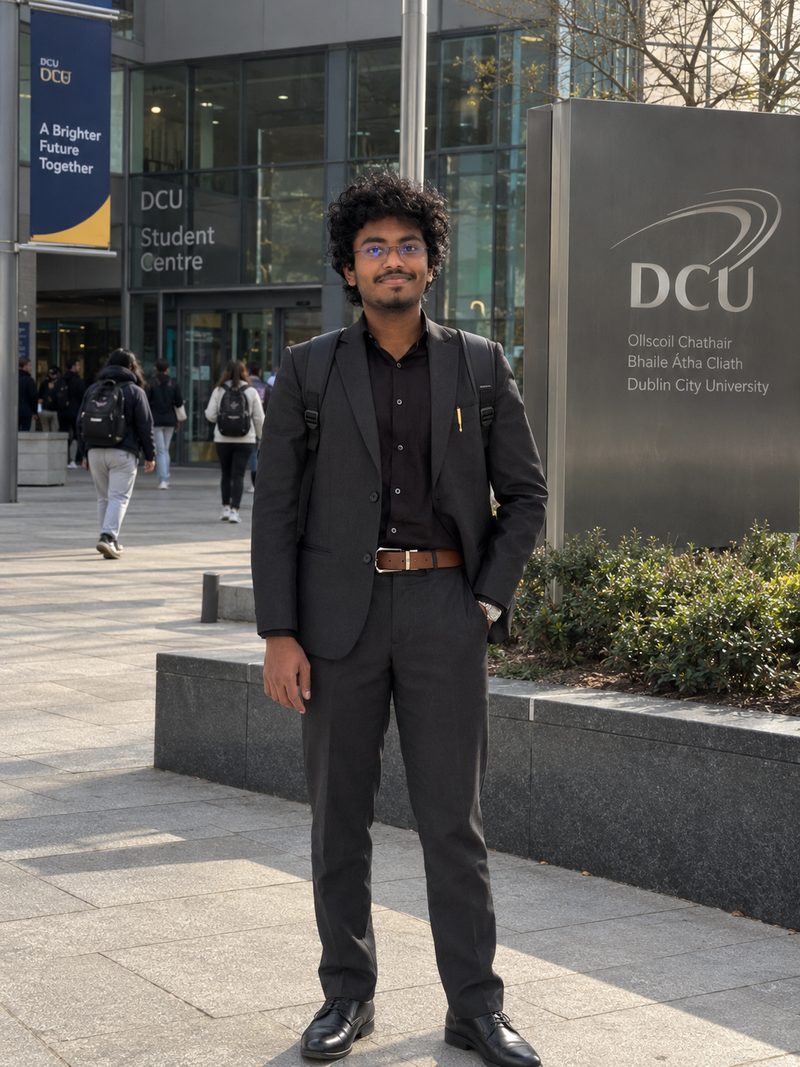 Samuel Wesley Mondal in a suit outside the Dublin City University Student Centre